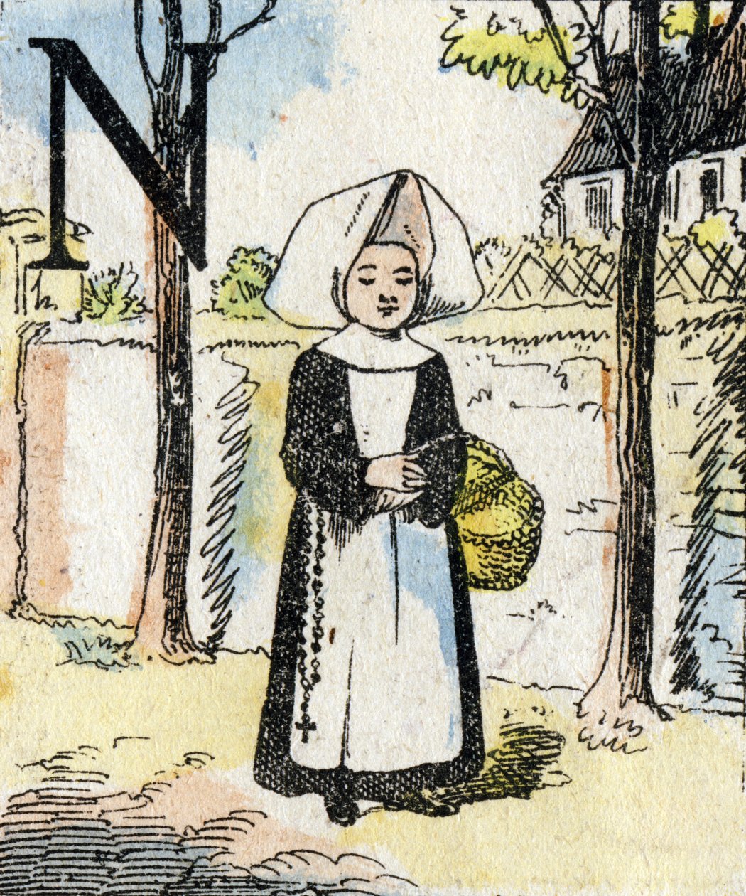 A rapariga da Carta M como freira. ABC das garotinhas. Imagem epinal de French School