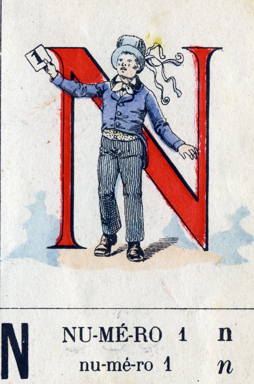 Letra N como número 1. Alfabeto Militar . Imagem de Epinal, cerca de 1870-1880. Cortes de lenha cor de estêncil. de French School