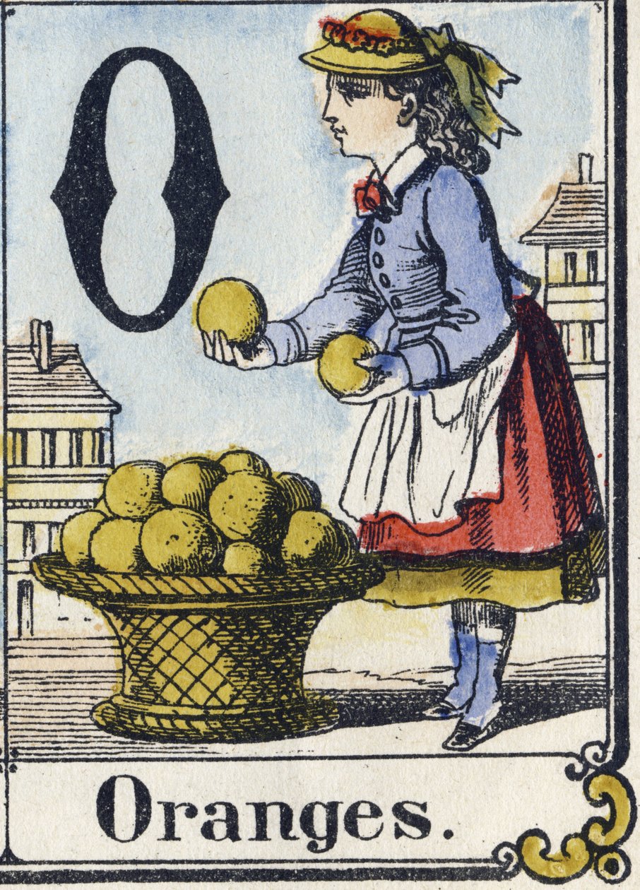 Carta O: Laranjas. Alfabeto Recreativo. Imagem epinal. Gravuras em madeira estampada, cerca de 1880. Pequeno livreto de 16 páginas. de French School