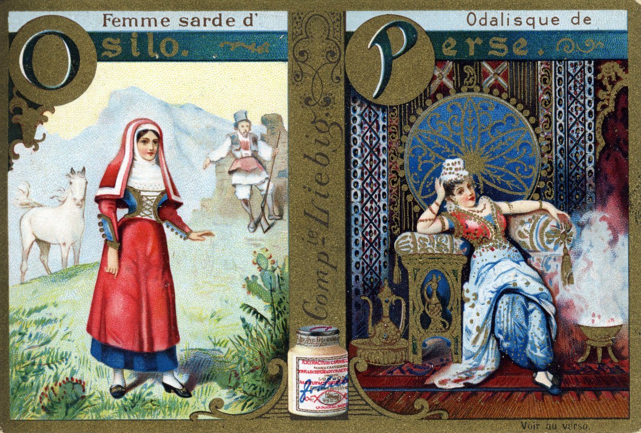 Carta O como Mulher Sardinha de Osilo e P como Odalisco da Pérsia. Alfabeto da mulher . Série de 12 imagens. Liebig publicidade de French School