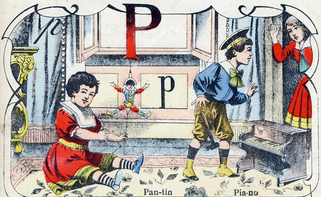 Letra P Pantin Piano. Gravação em "ABC des joux pour petits boys". Imagem de Pont-a-Mousson, Louis Vagne, impressora-editor, final do século XIX. Dim: 32,5x25 cm de French School