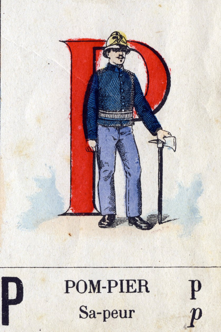 Carta P como bombeiro. Alfabeto Militar . Imagem de Epinal, cerca de 1870-1880. Cortes de madeira na cor Stencil. de French School