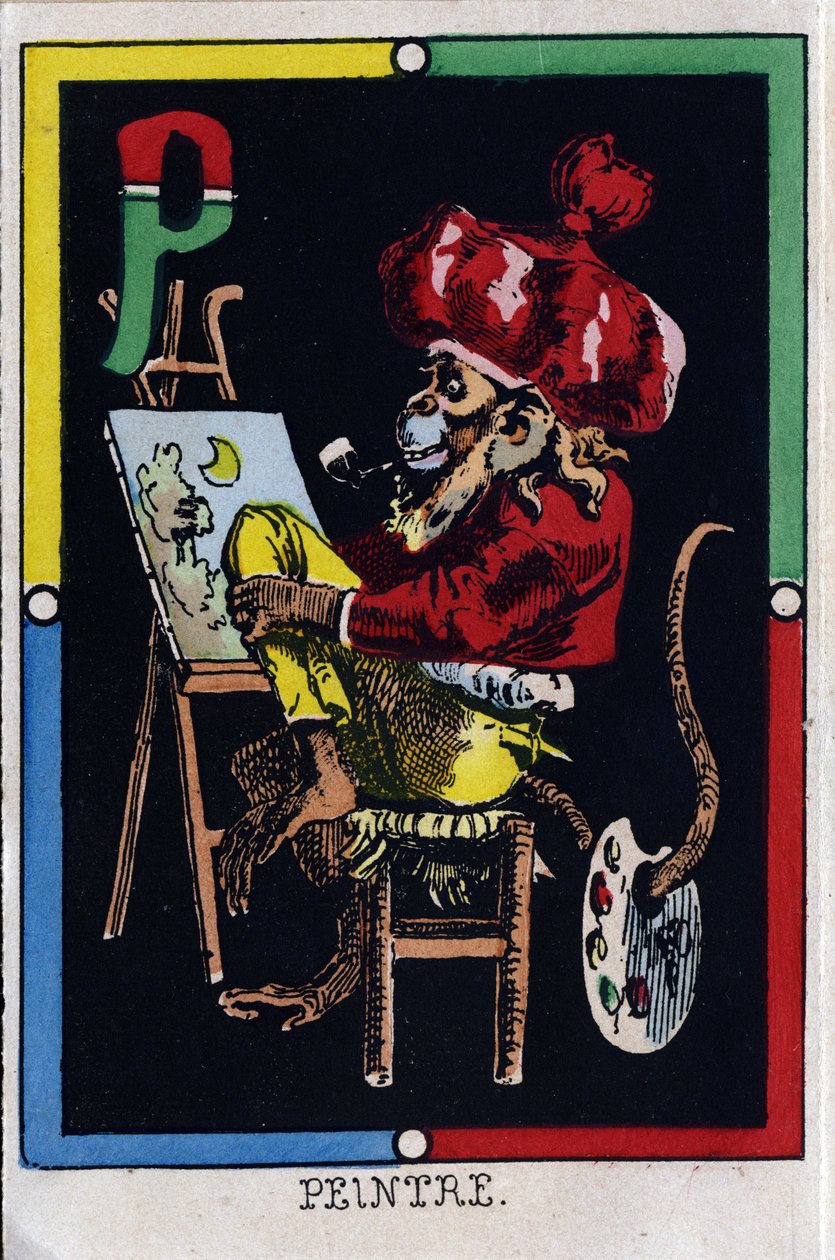 Carta P como pintor. Alfabeto dos macacos. Gravura em madeira. Imagem de Epinal de French School