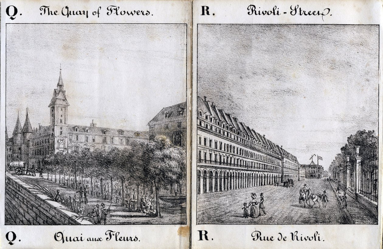 Letra Q e A: A doca das flores e a rua de Rivoli - "Alphabet Picturesque des Monumens de Paris" c.1840 (gravura) de French School