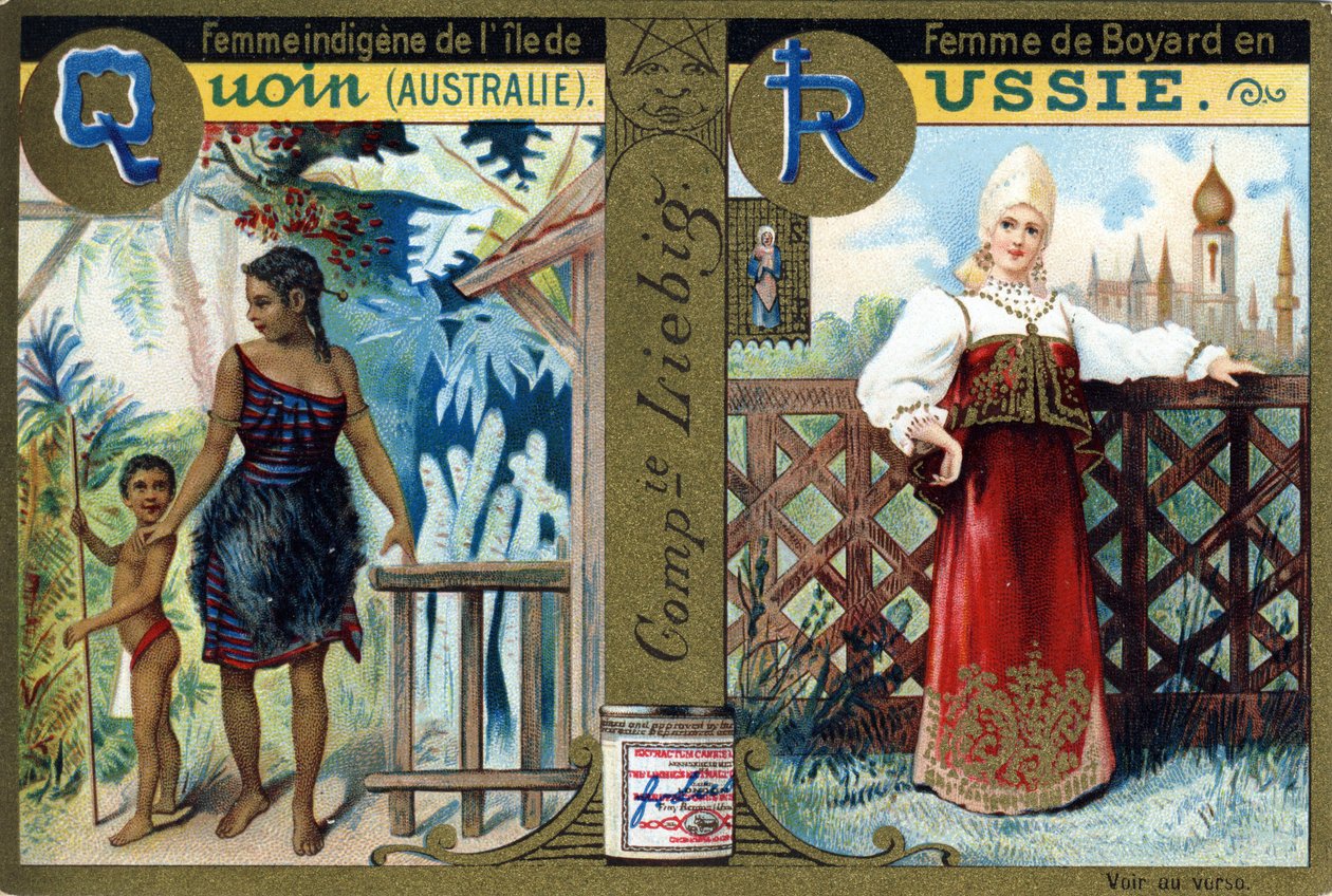 Carta Q como Mulher Indígena da Ilha de Quoin e R como Mulher Boyars na Rússia. Alfabeto feminino . Série de 12 imagens. Liebig publicidade de French School