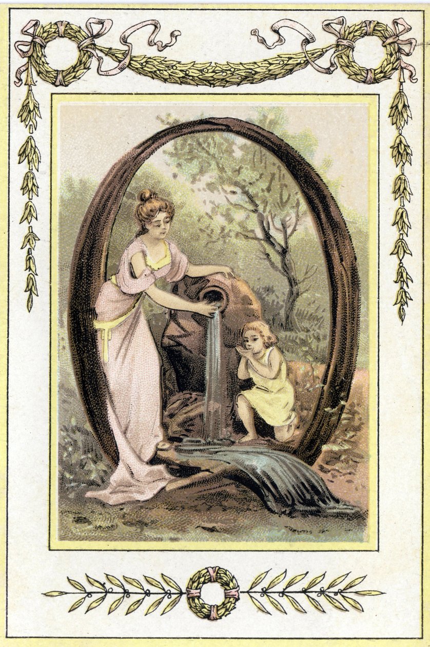 Carta Q representando uma mãe e seu filho bebendo água da nascente, no final do século XIX (cromolitografia) de French School
