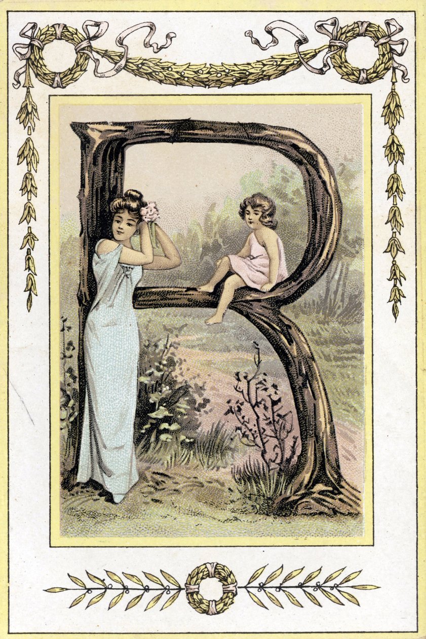 Carta R representando uma mãe e uma filha, final do século XIX (cromolitografia) de French School