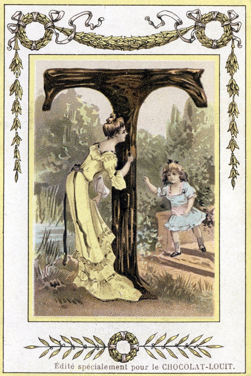 Carta T representando uma mãe e sua filha brincando de esconde-esconde, final do século XIX (cromolitografia) de French School