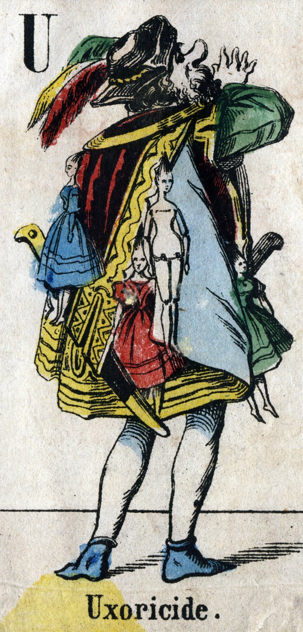 Carta U: Uxoricídio. Gravura em "Alfabeto mascarado". Nova imagem epinal. Impressão-litografia Pinot et Sagaire, editores, Epinal, segunda metade do século XIX . Placa Ná 491 com 25 letras iluminadas. Dim: 40,5x28cm de French School