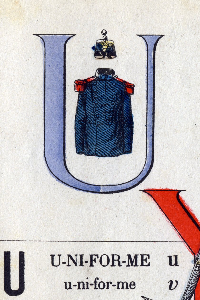 Carta U como uniforme. Alfabeto Militar . Imagem de Epinal, cerca de 1870-1880. Cortes de madeira na cor Stencil. de French School