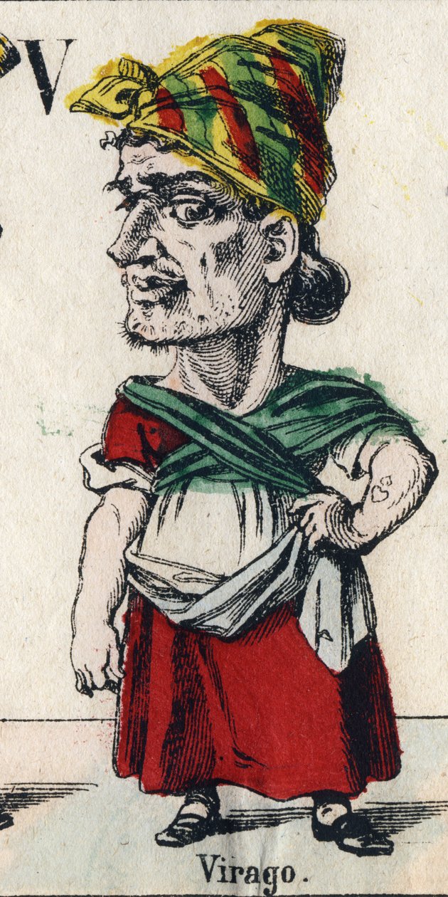 Carta V: Virago (Por denigrement, menina ou mulher de grande porte, que tem os modos de um homem). Gravura em "Alfabeto Cômico". Nova imagem epinal. Litografia Pinot et Sagaire, editores, entre 1860 e 1888. Placa n°491 com 25 letras iluminadas. Dim: de French School