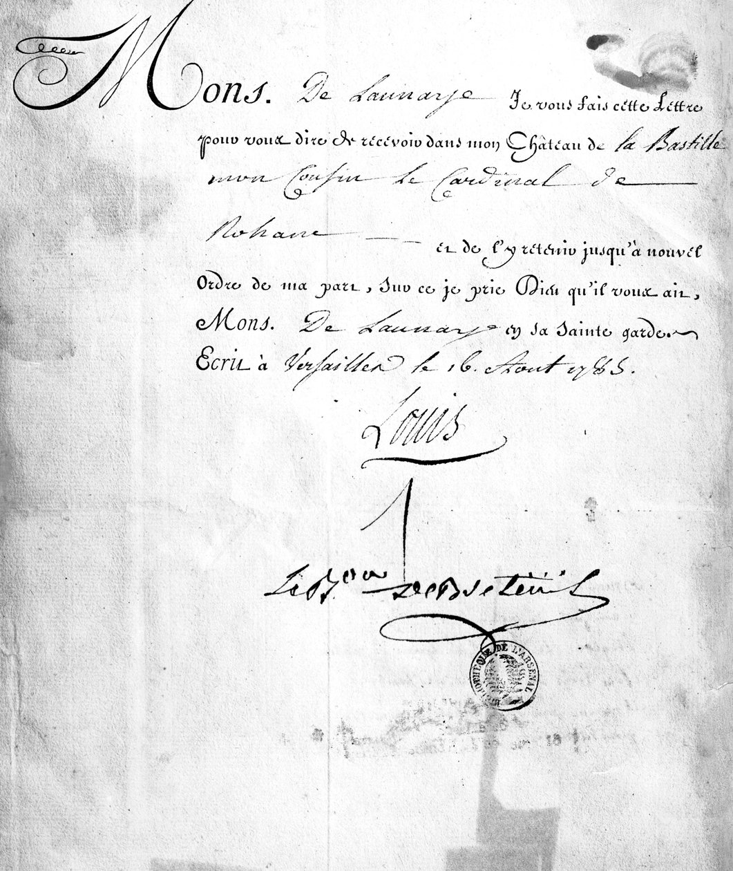 Carta de Carhel, assinada pelo Barão Louis de Breteuil, ordenando a prisão do Cardeal de Rohan em "The Affair of the Diamond Necklace", 26 de Agosto de 1785 (tinta sobre papel) de French School