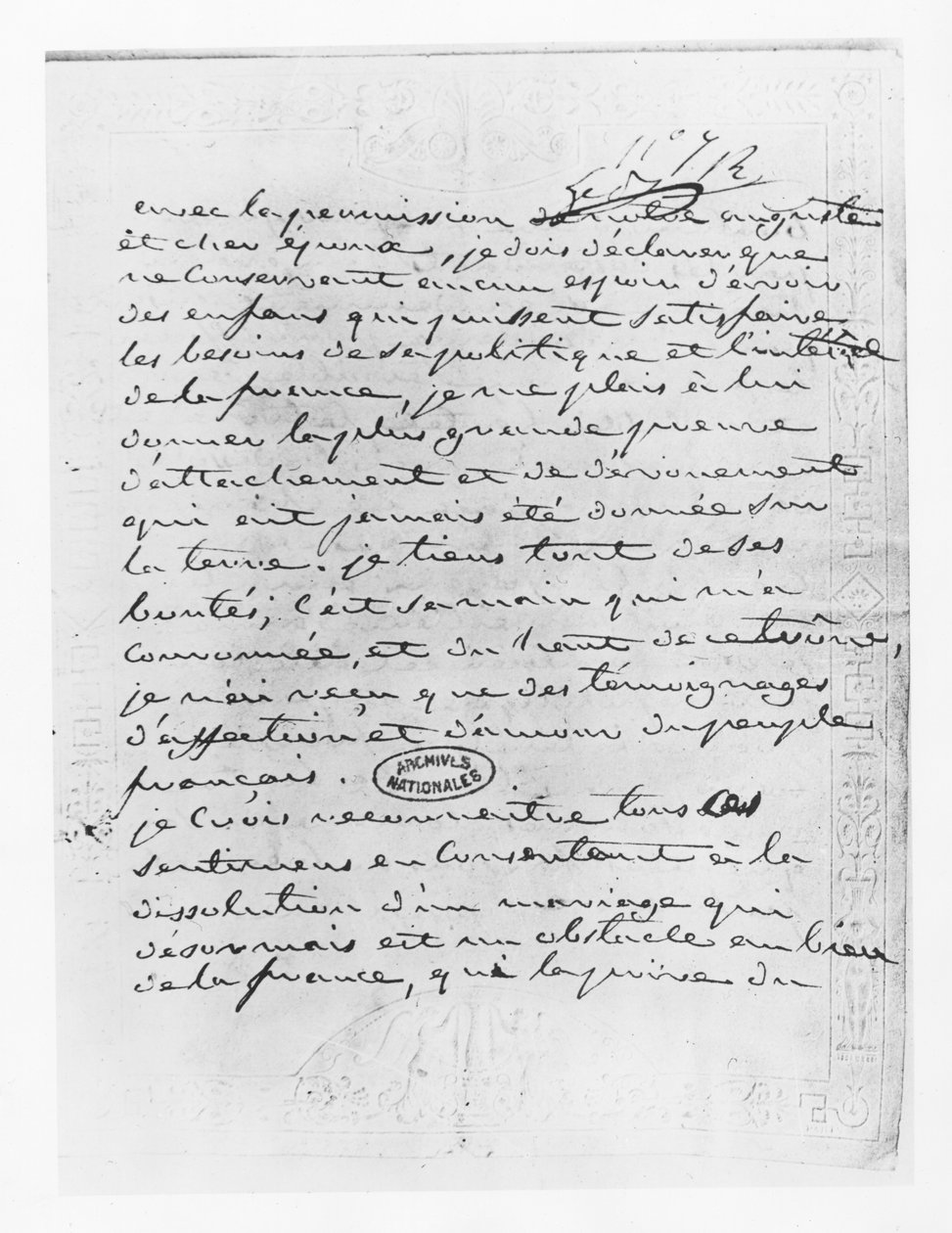Carta da imperatriz Josefina dando o seu consentimento para a anulação do seu casamento com Napoleão de French School