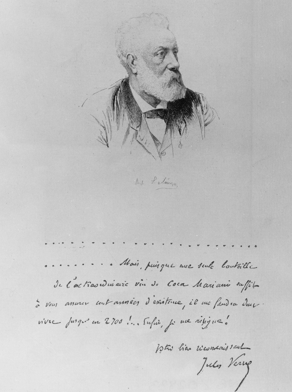 Carta de Júlio Verne com retrato do escritor (1828-1905). de French School