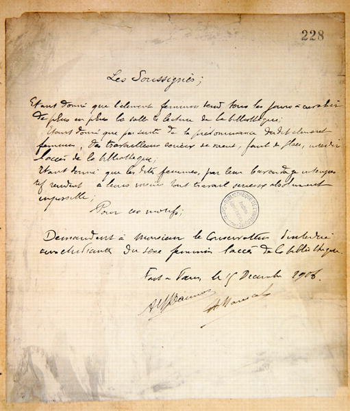 Carta de protesto solicitando a recusa de entrada de mulheres na Biblioteca da Sorbonne de French School