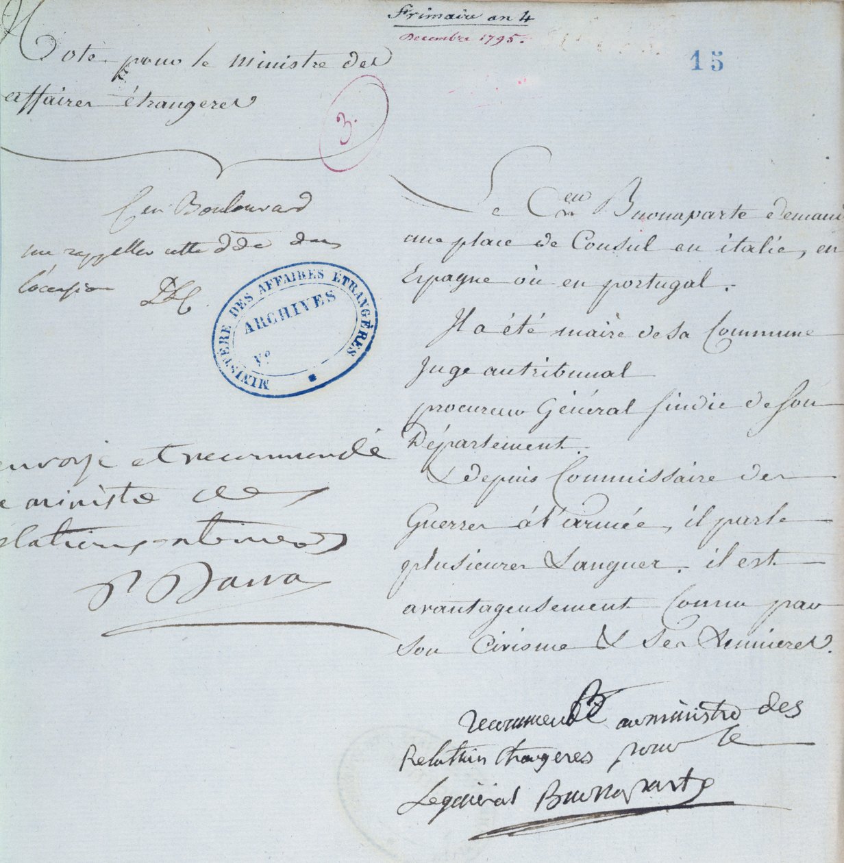 Carta de recomendação assinada por Napoleão Bonaparte (1769-1821) para seu irmão, Joseph (1768-1844) dezembro de 1795 de French School