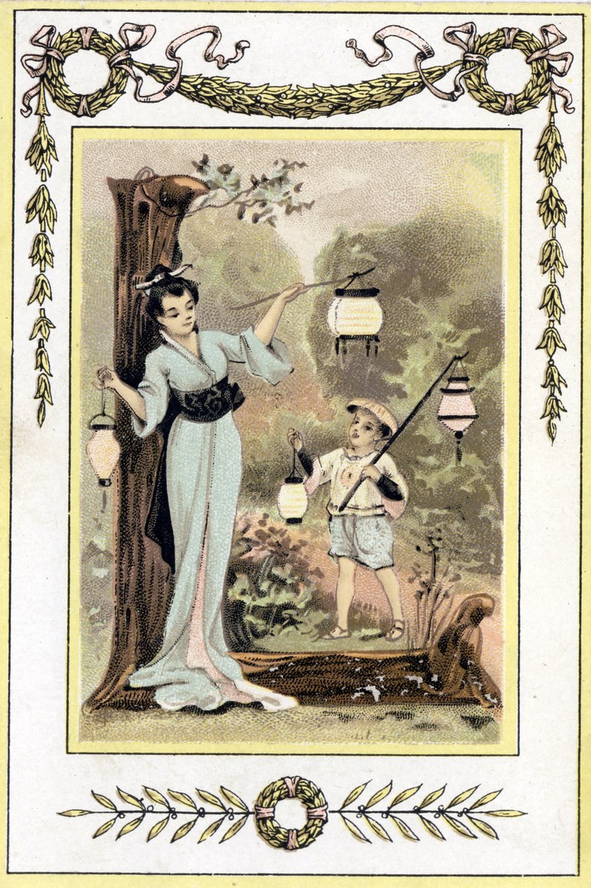 Carta representando uma mãe japonesa e seu filho com lanternas, final do século XIX (cromolitografia) de French School
