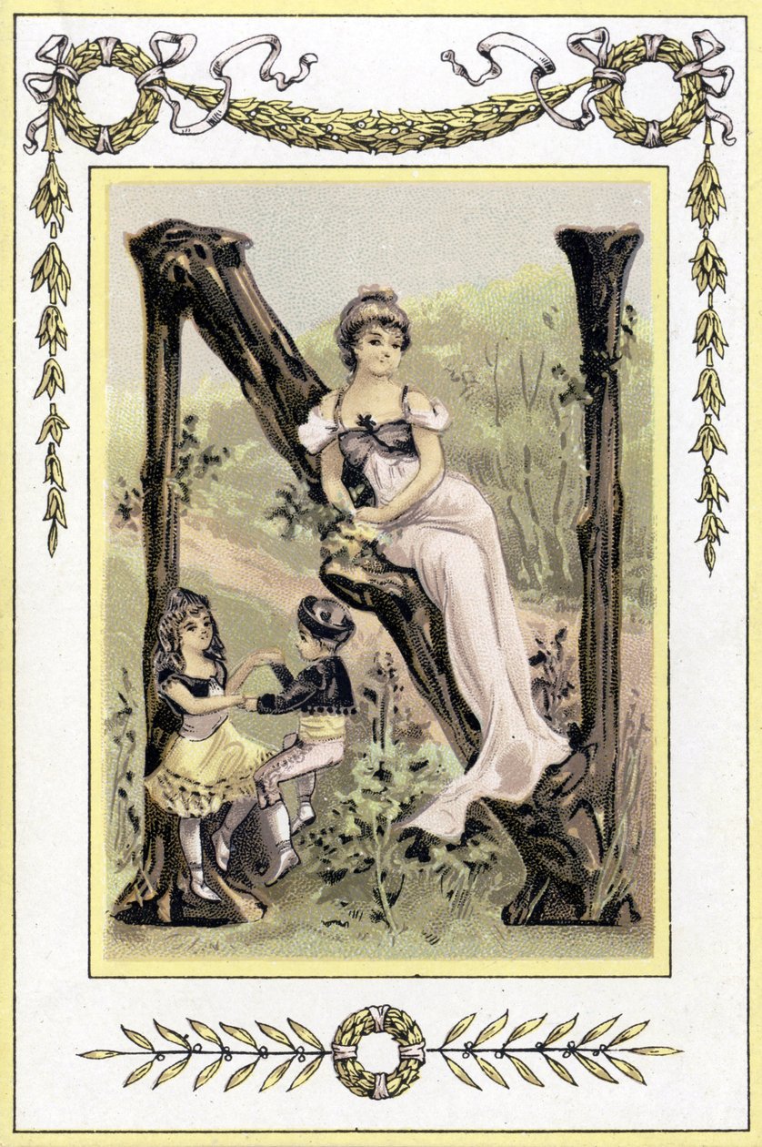 Carta representando uma mãe e seus filhos dançando, final do século XIX (cromolitografia) de French School