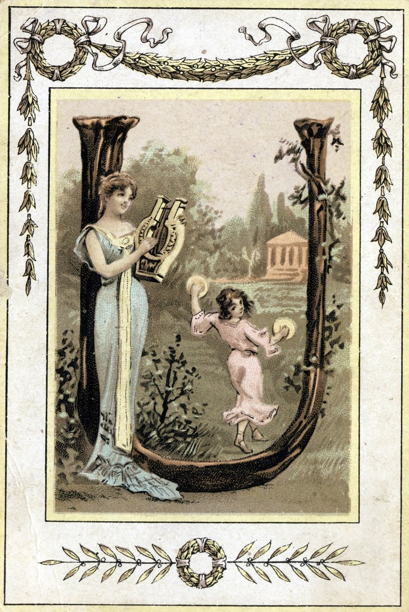 Carta representando uma mãe tocando lyre e sua filha dançando com timpani, no final do século XIX (cromolitografia) de French School