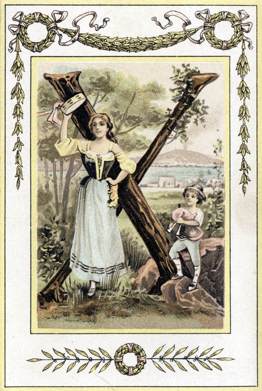 Carta representando uma mãe com um timpano e seu filho em um pastor com uma gaita de foles, no final do século XIX (cromolitografia) de French School
