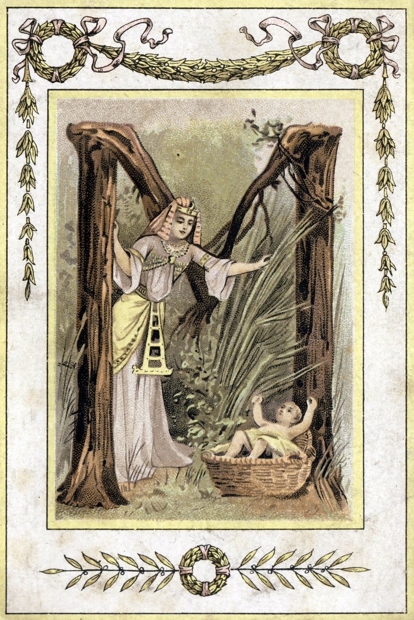 Carta representando uma mãe egípcia encontrando uma criança abandonada (Moisés salva águas), final do século XIX (cromolitografia) de French School