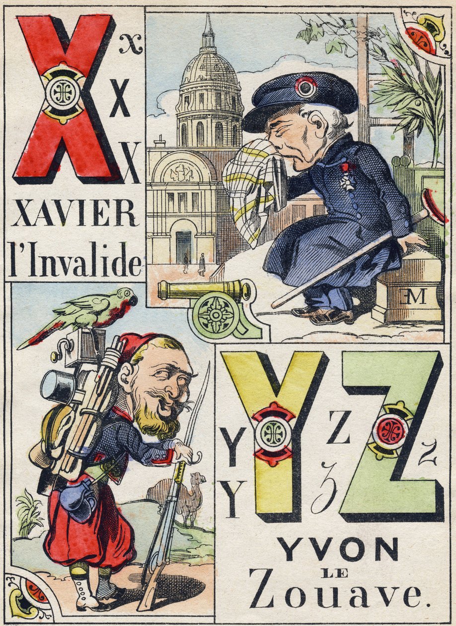 Letras X Y Z: Xavier o inválido e Yvon o Zouave. Gravura em "Alfabeto Militar Cômico". Quinta série. Imagem epinal. Pellerin & Cie, Impressoras, Epinal, final do século XIX. 16 páginas. Dim: 25x18,5cm. de French School