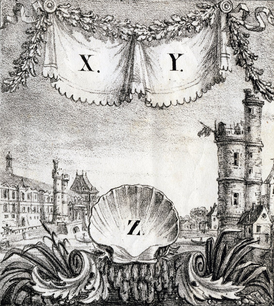 Letras X, Y e Z: Paris em 1500 - "Alphabet Picturesque des Monumens de Paris" c.1840 (gravura) de French School