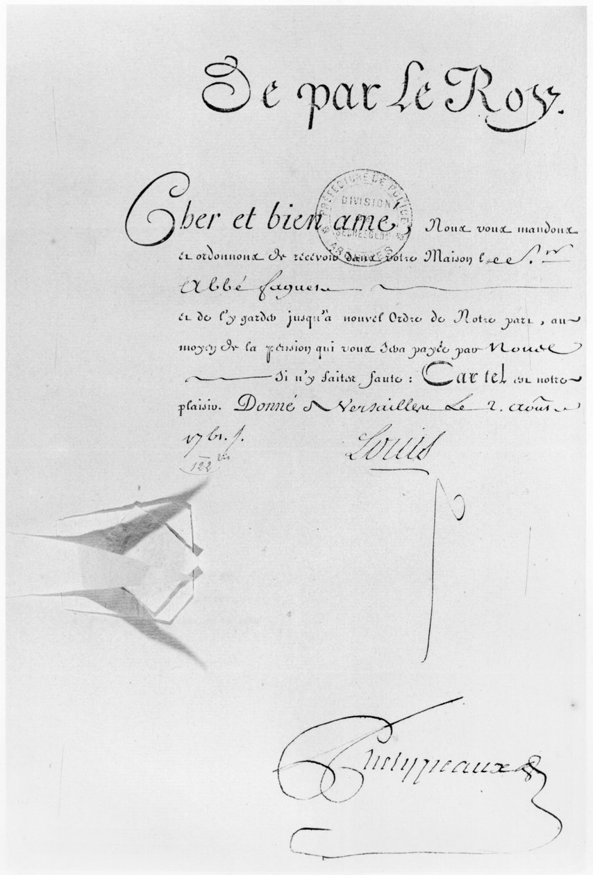 Lettre de Cachet do rei Louis XV para aprisionar o abade Faguer, 2 de agosto de 1761 (caneta e tinta sobre papel) de French School