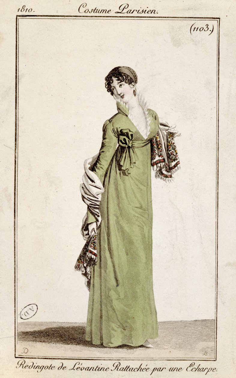Sobretudo levantino preso por um lenço, moda placa de traje Parisien, 1810 de French School