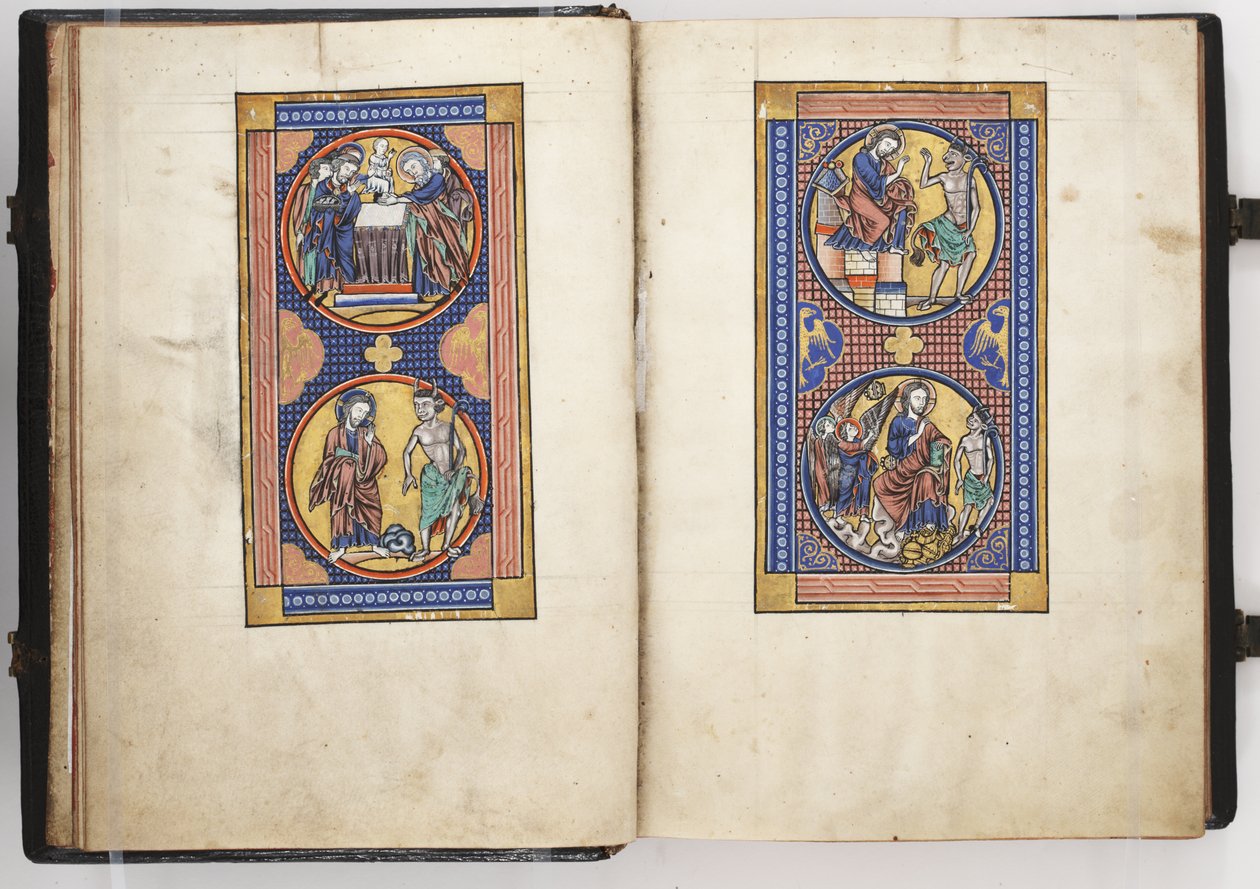Lewis Psalter ff.8v-9r, Presentation in the Temple, and the Three Temptations of Christ, c.1225-40 (tempera & gold on vellum) de French School