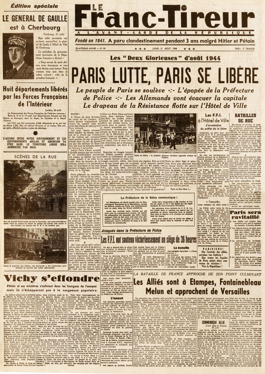 Liberation of Paris - Le FRANC TIROUR número 38 de 21 de Agosto de 1944 - Paris lutte, paris ce liberere de French School