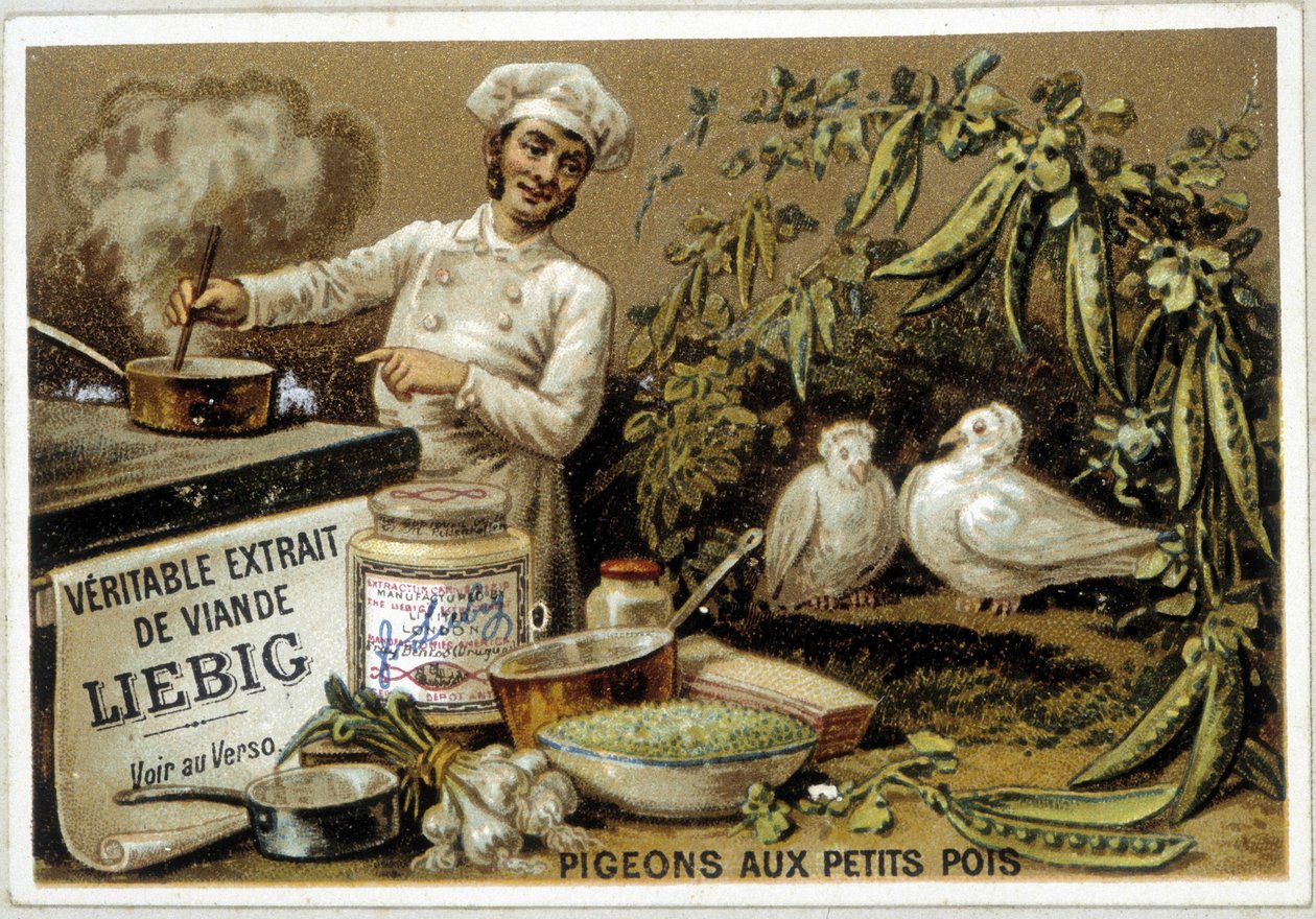 Receitas Liébig: pombos com ervilhas - chromo. de French School