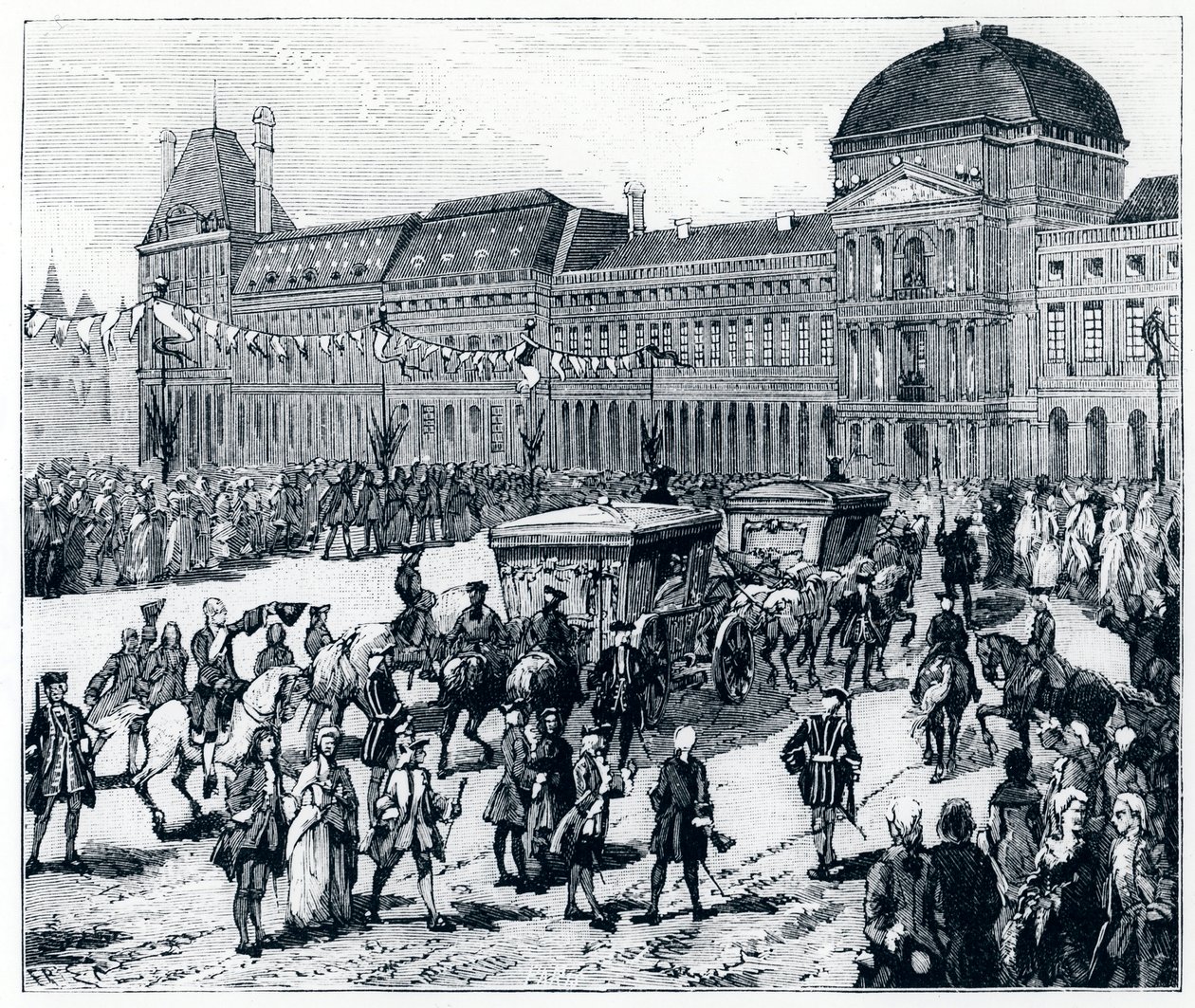 A vida sob Luís XV: o rei chegando ao Palais des Tuileries, onde a rainha e o golfinho o esperam - em "Paris através dos séculos" de Gerouillac de French School