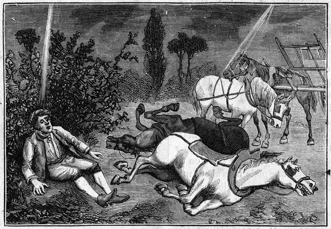 Relâmpago: Um homem encontra sentado debaixo de um arbusto, ao lado dos seus quatro cavalos mortos. de French School