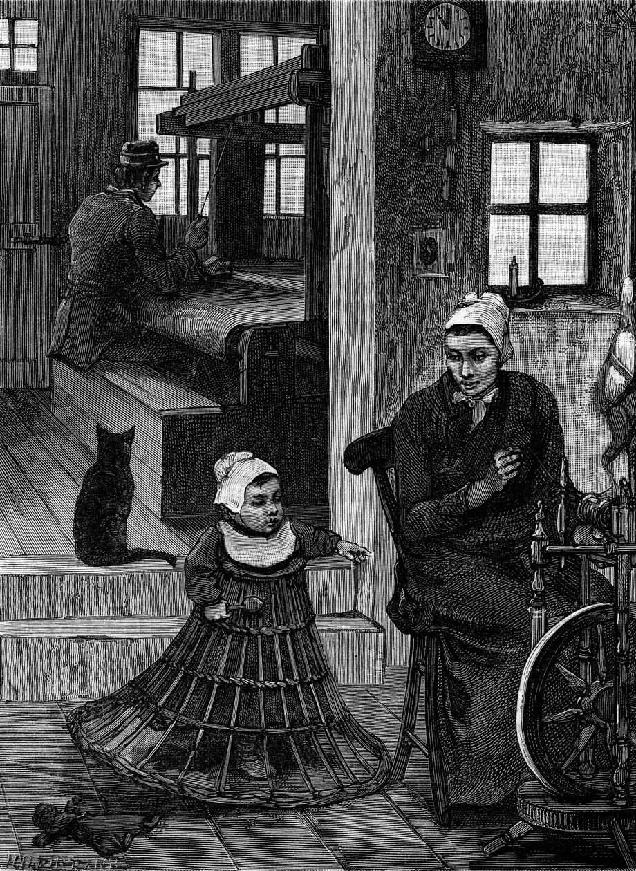 Linho: interior de tecelão com tecelão e roda giratória. Gravura em "Le Journal de la jeunesse". de French School