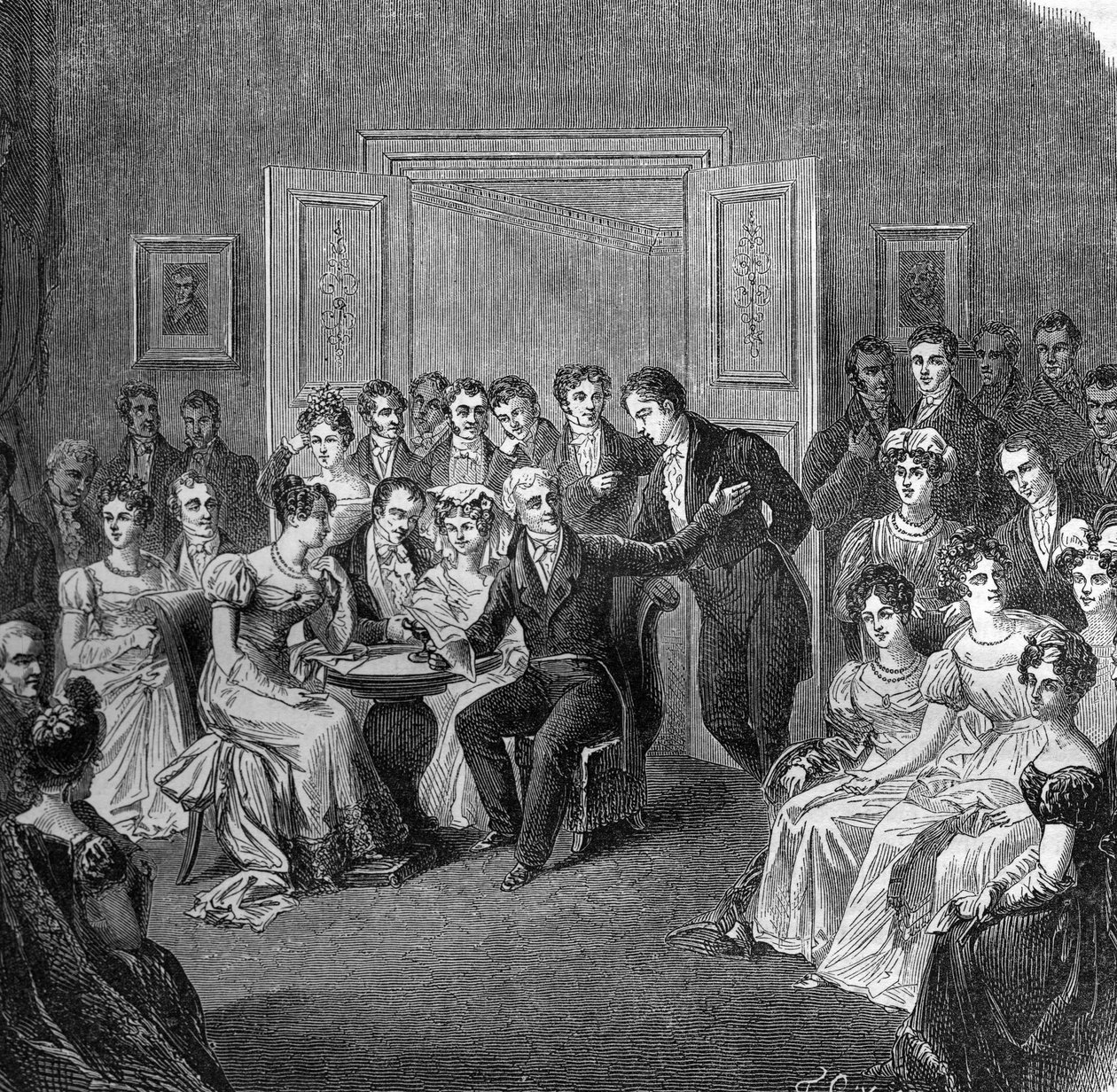 Salão Literário no século XIX: François Auguste Parceval de Grandmaison (Parceval Grandmaison, Parceval-Grandmaison) (1759-1834) lendo versos do seu poema de "Philippe Auguste" num salão do antigo hotel em Larochefoucauld, em 1824. Gravura de de French School