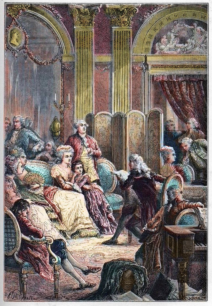 Salão de Ninhada - Leitura de "Paul and Virginie" de Jacques-Henri Bernardin de Saint-Pierre (Saint Pierre) nos salões da Madame Necker em Paris - ao lado de Mme Necker seu marido Jacques Necker e sua filha Germaine, mais tarde, Mme de Stael - Palestra de French School