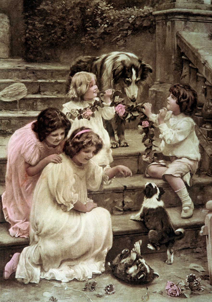 Crianças pequenas a brincar com cães Postal colorido do início do século XX (foto) de French School