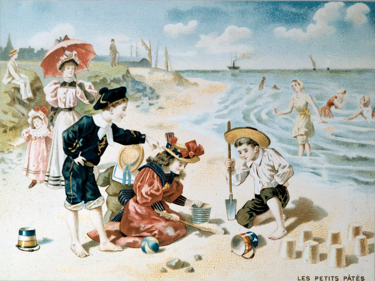 Pequena massa: crianças brincam na praia com areia. Ilustração do início do século XX (cromolitografia) de French School