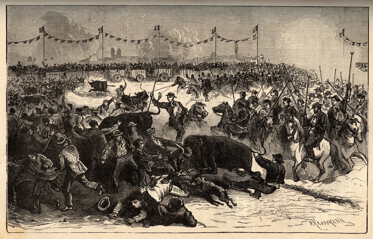 Marca de gado - La ferrade en Camargue (festa organizada durante o marquarge au fer rouge du betail) - gravação em "PATRIE" - DESCRIÇÃO PECTUREQUIREQUE DE LA FRANCE EN 6 VOLUES BY LUCIEN HUARD - finais do século XIX de French School