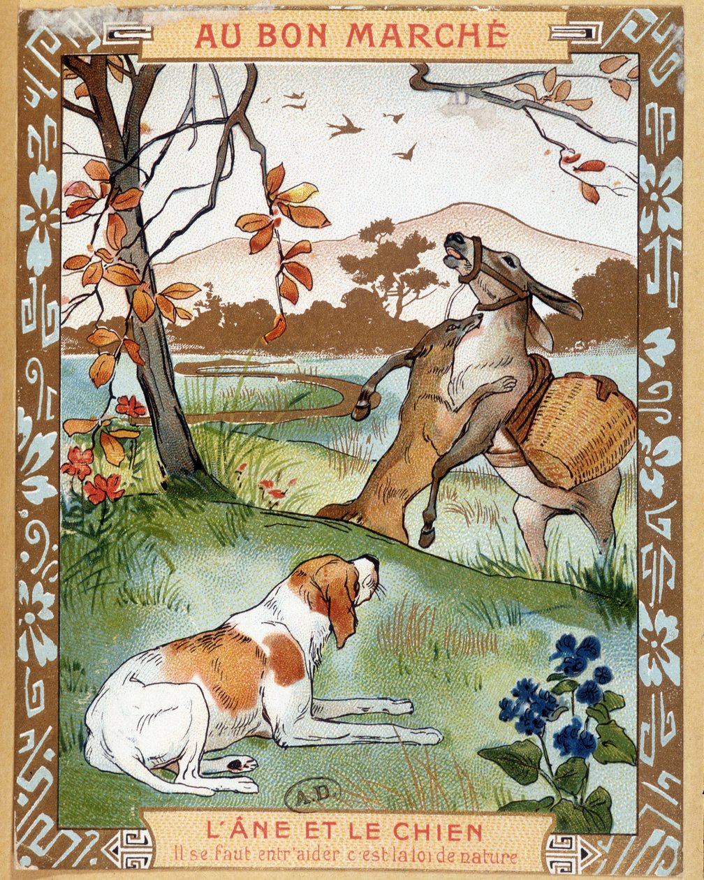 O Burro e o Cão, fábula de La Fontaine - Bon Marché publicidade etiqueta de French School