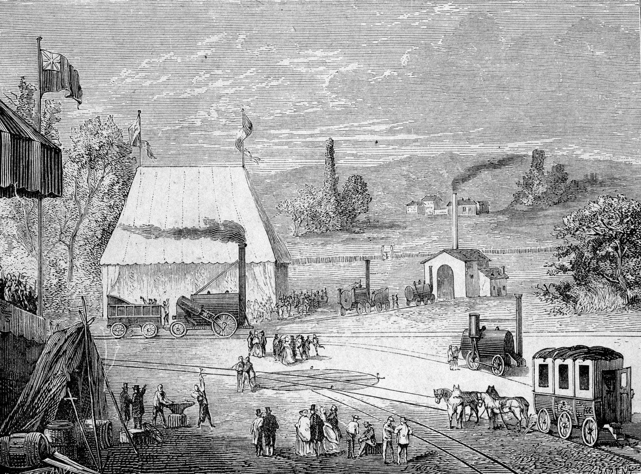 Concurso de Locomotivas realizado em Liverpool, outubro de 1829 - no "Álbum de Ciências; ilustres estudiosos; Grandes Descobertas" 1896. de French School