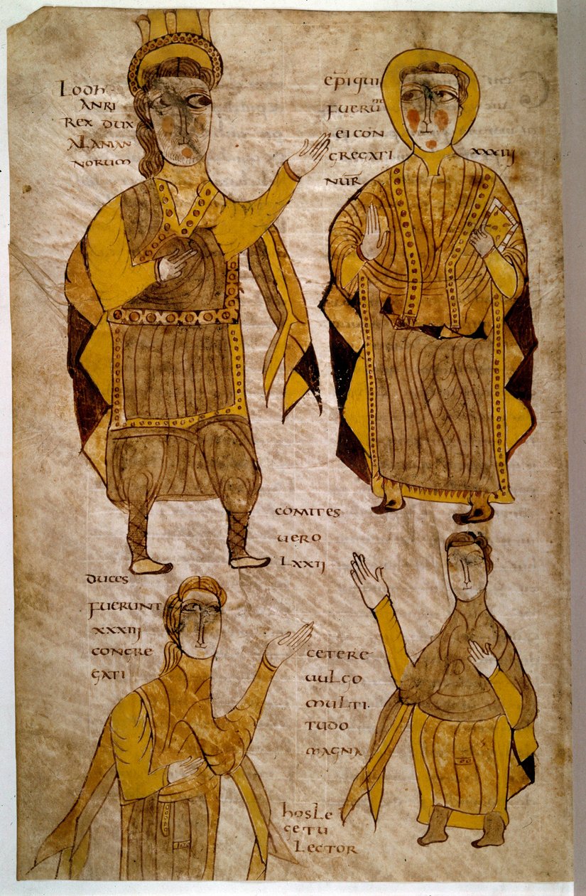 Lodhanri Rei dos Alamãs (ou Alemães: tribo germânica) rodeia um eveque, um duque e um conde. Manuscrito "Breviaire d