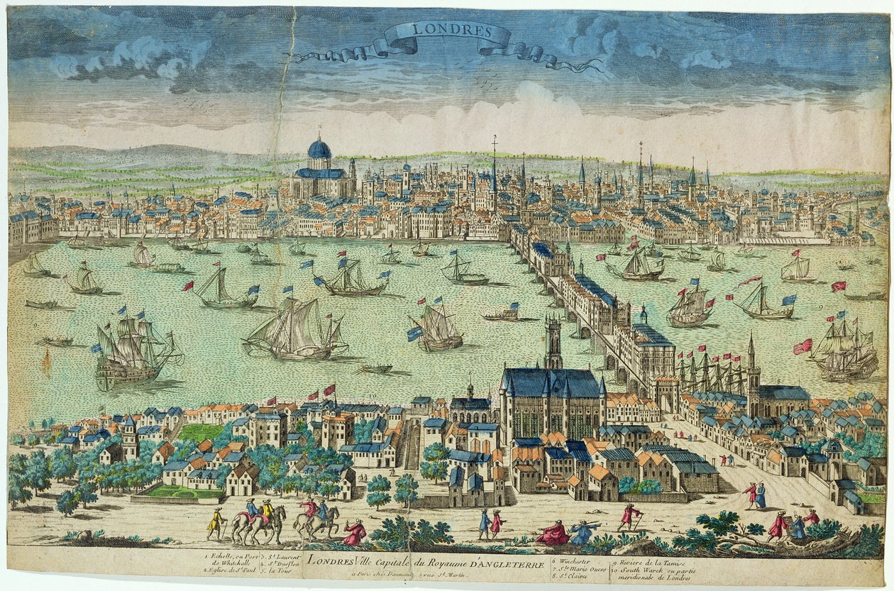 "Londres, Capital do Reino de Inglaterra", francês, c.1700 (xilogravura colorida à mão) de French School