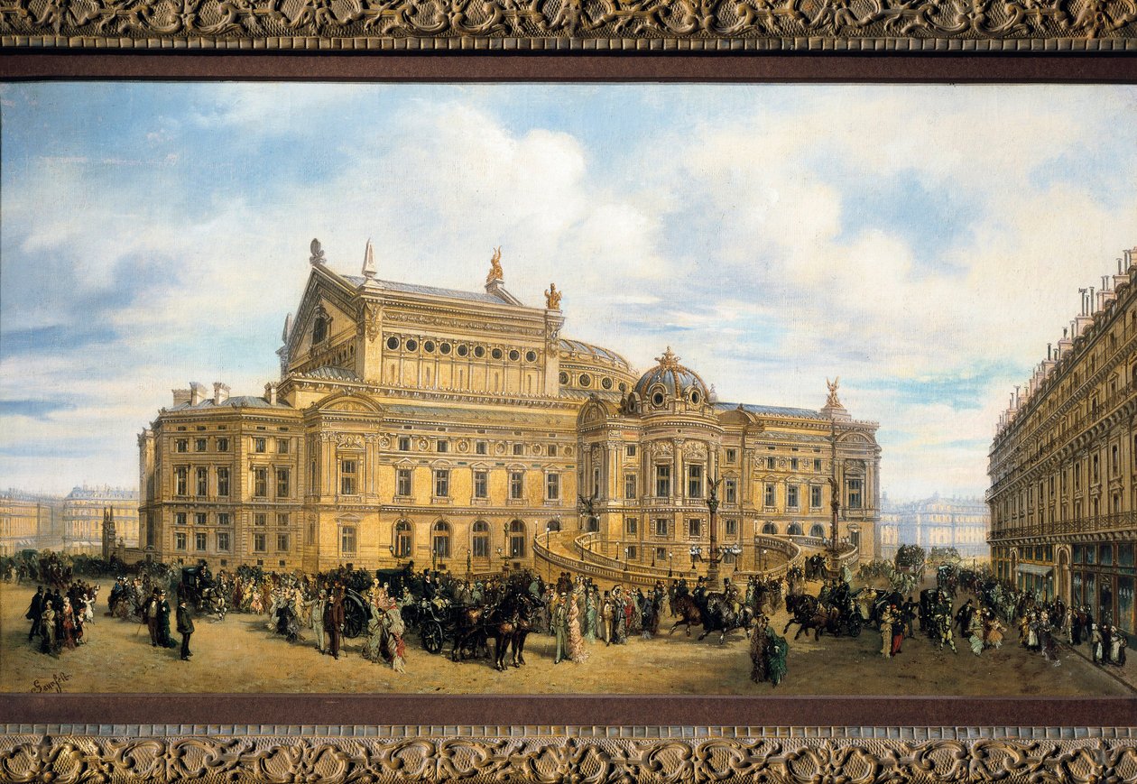 A Ópera de Paris construída por Charles Garnier, vista da Rue Auber (óleo sobre tela) de French School