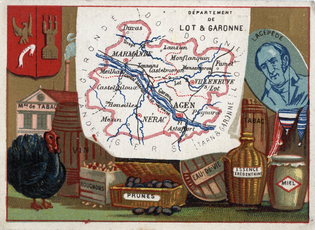 Lot et Garonne (Lot-et-Garonne, 47), Aquitaine, França. Fábrica de tabaco, criação de perus, vinho, rolhas, ameixas, aguardente, gasolina terebentina. Retrato de Bernard Germain Etienne de Laville-sur-Illon, Conde de Lacepede (ou de la Cepede de French School