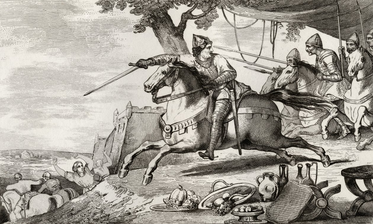 Lothair (941-86) lidera seu exército na batalha, de &39;Histoire de France&39; por Colart, publicado em 1840 de French School