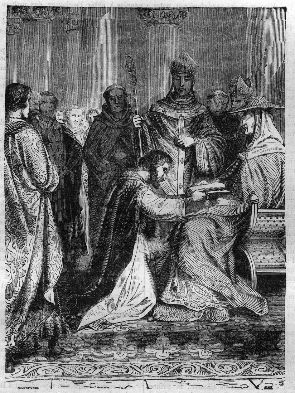 Lotharia I (795-855) aos pés do Papa Adrien II (792-872). Gravura no "Histoire des Papes-Rois-Queen and Empereurs a travessa les centuries" de Maurice Lachatre de French School