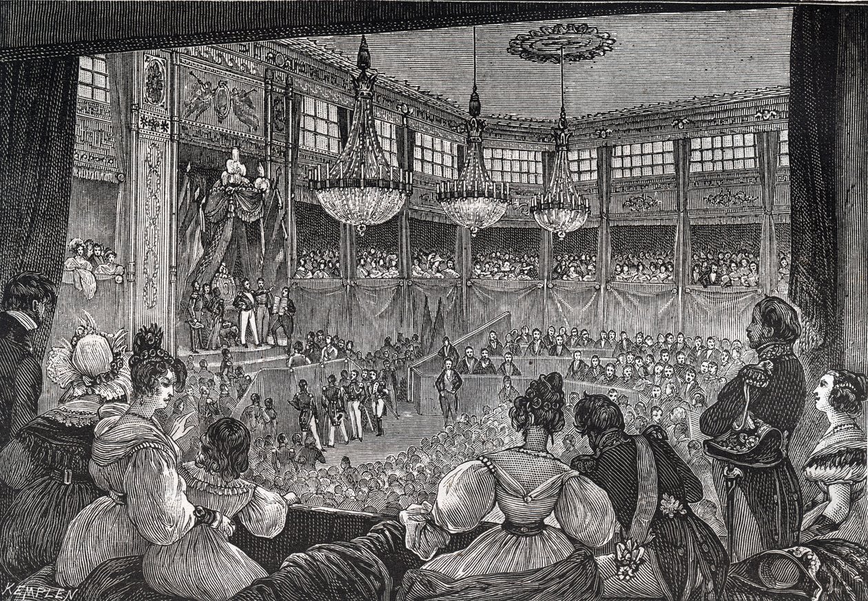 Louis-Philippe I é empossado como rei perante a Câmara dos Deputados, 9 de Agosto de 1830 - Revolução de 1830: "O Rei Luís Filipe I (1773-1850) presta juramento de manter a Carta de 1830 na presença das câmaras reunidas na sala provisória do Pa de French School