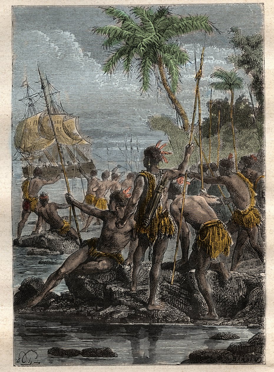 Louis Antoine, Conde de Bougainville (1729-1811) chegou à Ile des Lancies (Polinésia Francesa) em 1768 - ilustração tirada de "The Grands Mariners of the 18 century" (Os Grandes Marinheiros do século XVIII) de French School